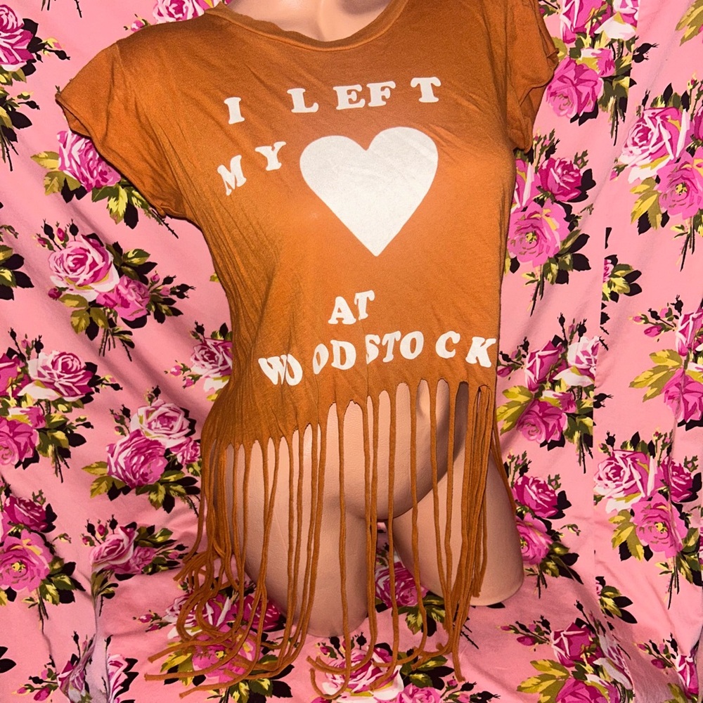 Wildfox I left my heart at Woodstock Fringe Tee burnt Orange hippy Gypsy